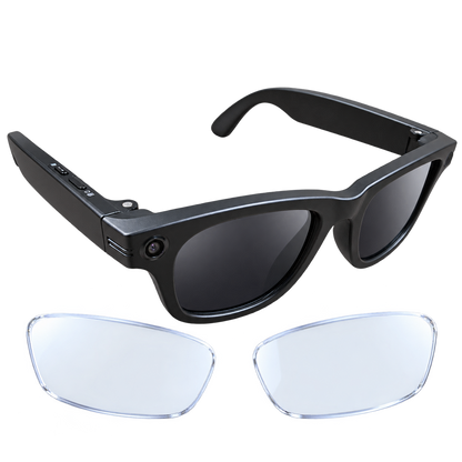 GS4 Max black AI sunglasses with two separate clear anti-blue-light replacement lenses