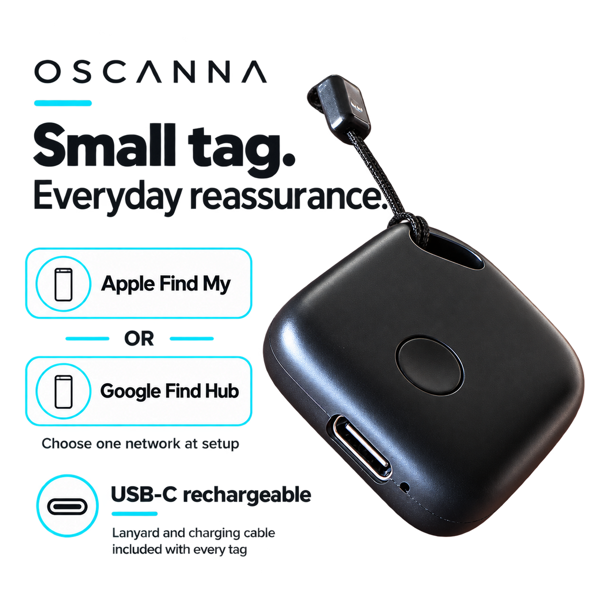 Oscanna mini USB-C rechargeable tracker, compatible with Apple Find My or Google Find Hub; choose one network at setup