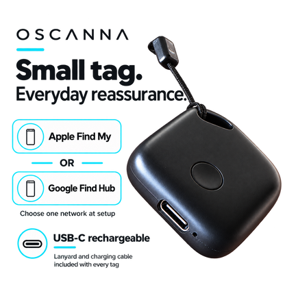 Oscanna mini USB-C rechargeable tracker, compatible with Apple Find My or Google Find Hub; choose one network at setup