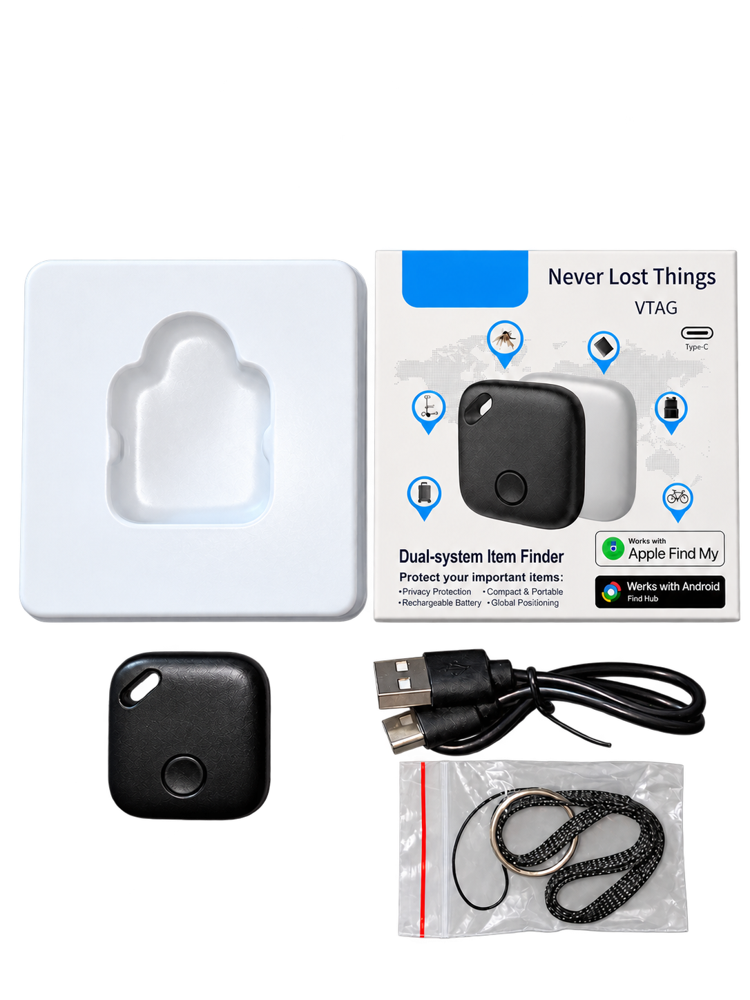 Individual tracker kit with lanyard, charging cable and packaging labelled Rechargeable Battery; background and supplier branding removed