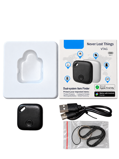 Individual tracker kit with lanyard, charging cable and packaging labelled Rechargeable Battery; background and supplier branding removed