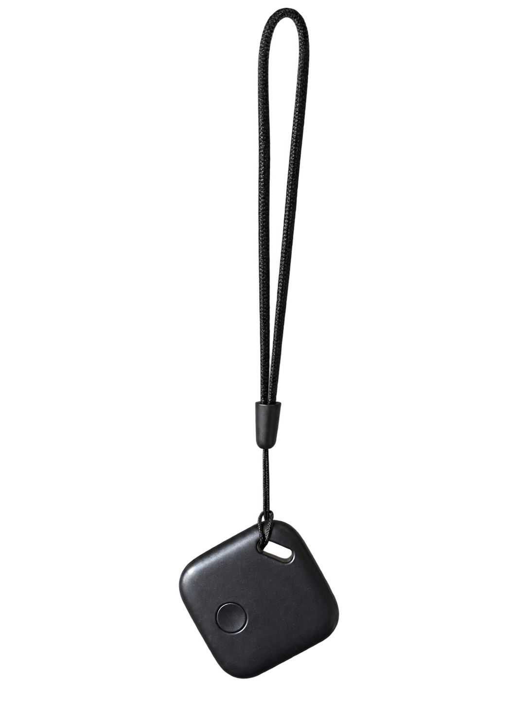 One black mini USB-C rechargeable tracker with its wrist lanyard, background and hand removed