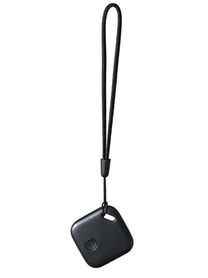 One black mini USB-C rechargeable tracker with its wrist lanyard, background and hand removed
