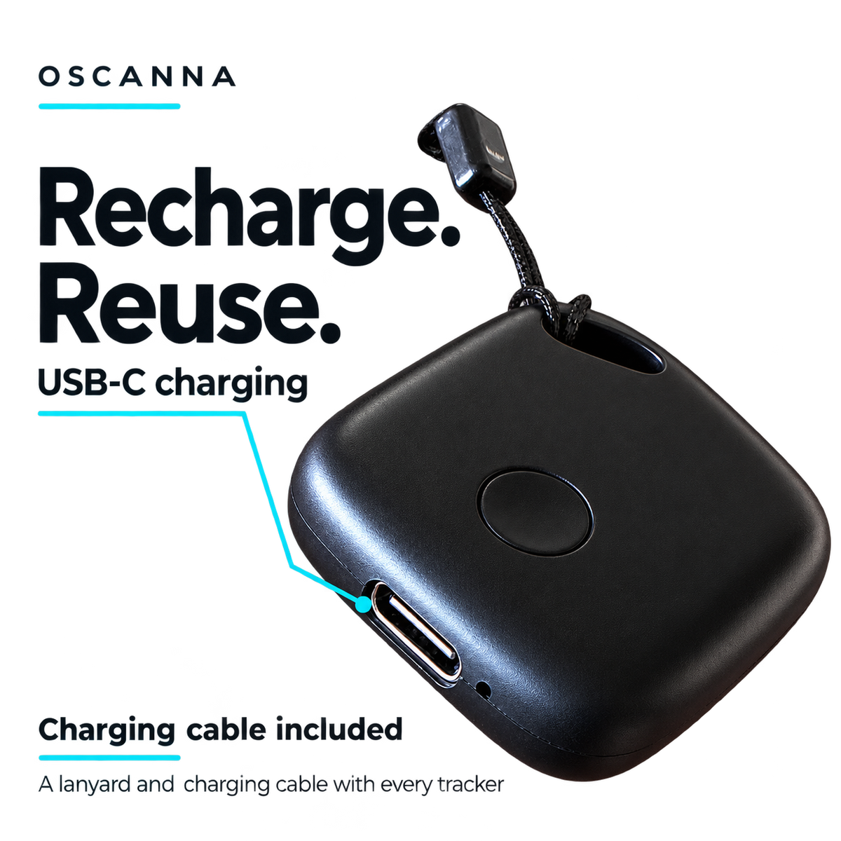 Oscanna mini dual tracker highlighting its USB-C rechargeable design, with lanyard and charging cable included