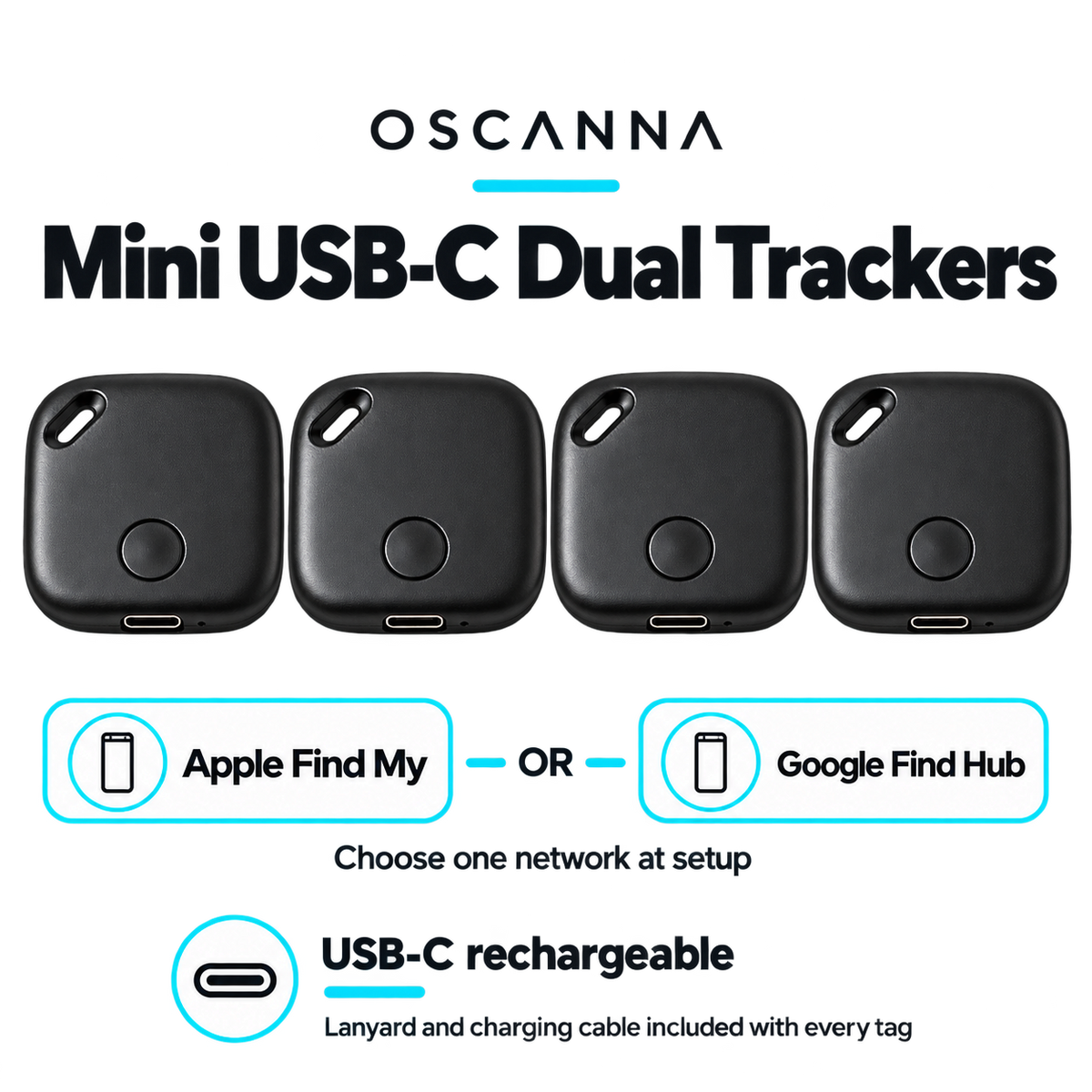 Four Oscanna mini dual tracker tags with Apple Find My or Google Find Hub compatibility and USB-C rechargeable feature captions