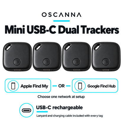 Four Oscanna mini dual tracker tags with Apple Find My or Google Find Hub compatibility and USB-C rechargeable feature captions
