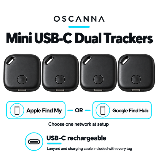 Four Oscanna mini dual tracker tags with Apple Find My or Google Find Hub compatibility and USB-C rechargeable feature captions