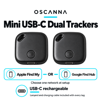 Two Oscanna mini USB-C rechargeable dual tracker tags side by side, for the 2 Trackers pack