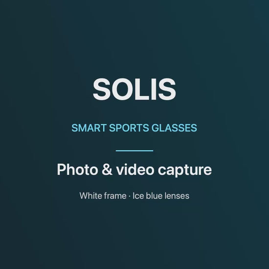 SOLIS smart sports glasses supplier demonstration with corrected opening caption. White frame with ice blue lenses.