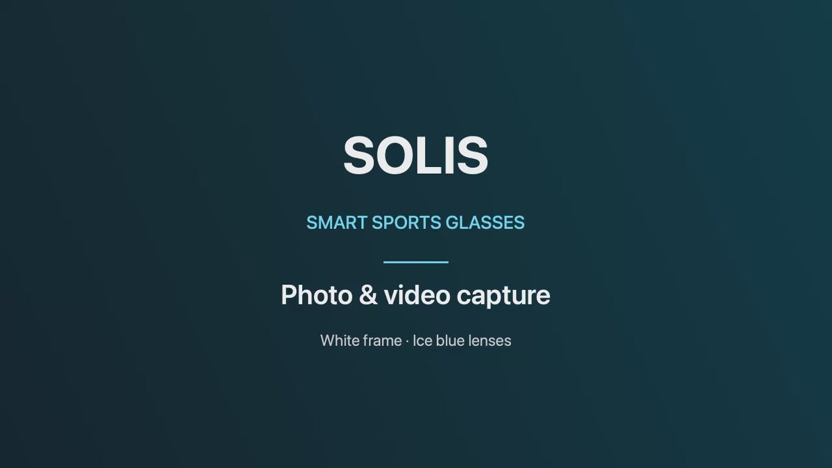 SOLIS smart sports glasses supplier demonstration with corrected opening caption. White frame with ice blue lenses.