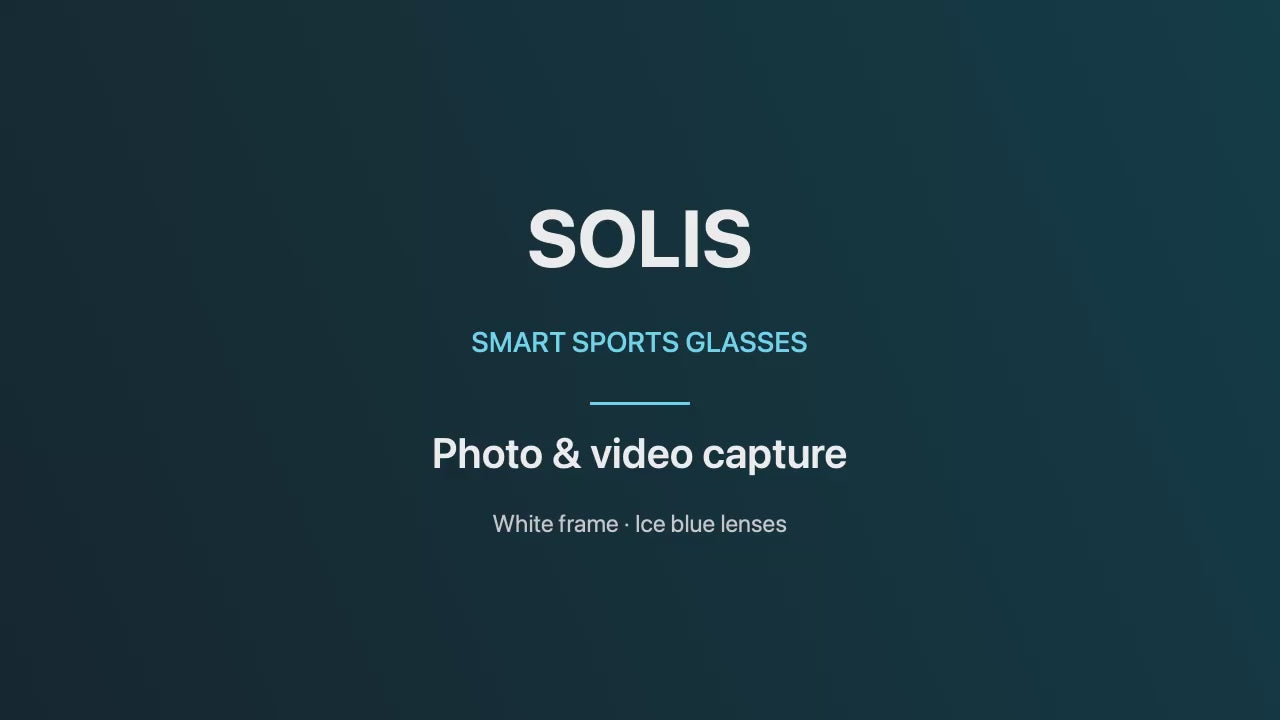SOLIS smart sports glasses supplier demonstration with corrected opening caption. White frame with ice blue lenses.