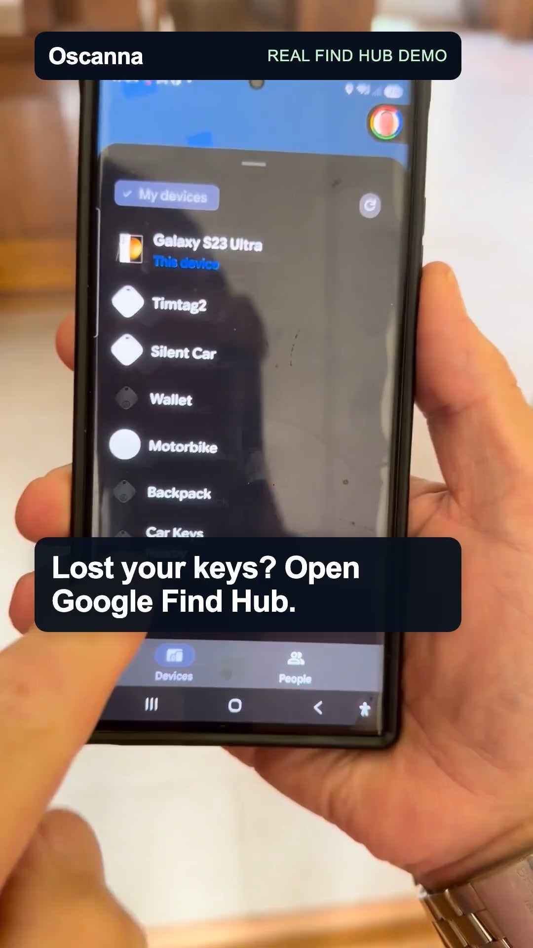 Oscanna Google Find Hub tracker real-world demonstration finding keys and a backpack