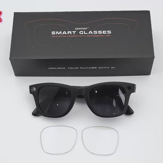 GS4 Max black-frame glasses with sunglasses and anti-blue-light lenses, controls and included accessories.