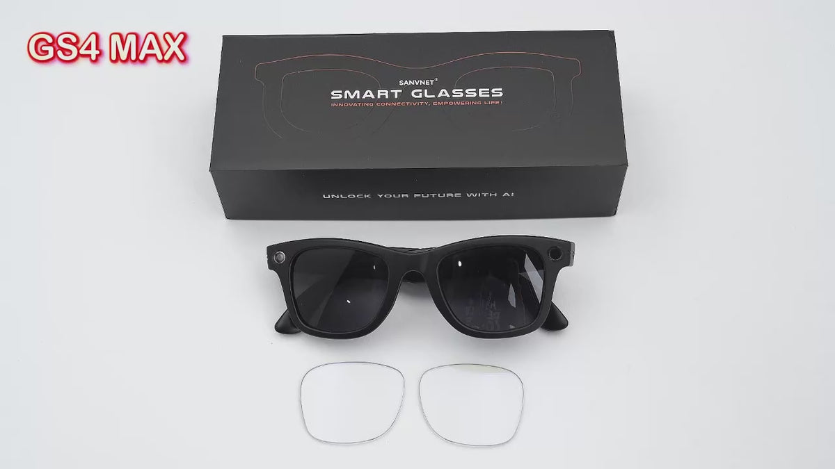 GS4 Max black-frame glasses with sunglasses and anti-blue-light lenses, controls and included accessories.