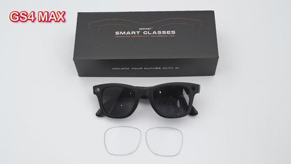 GS4 Max black-frame glasses with sunglasses and anti-blue-light lenses, controls and included accessories.