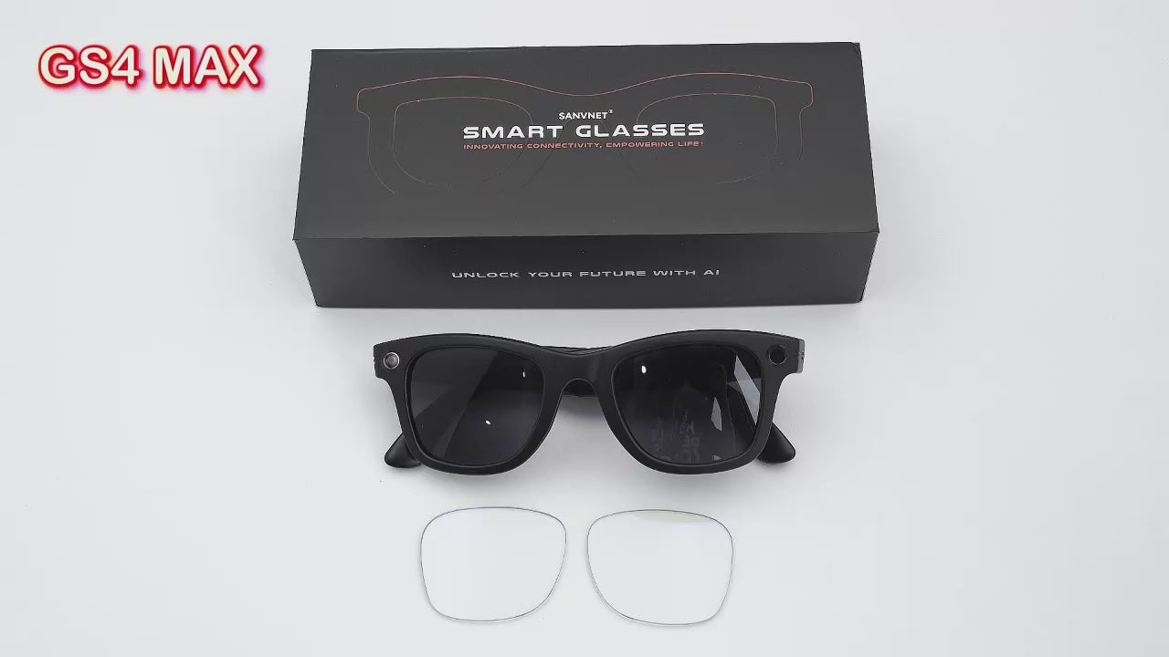 GS4 Max black-frame glasses with sunglasses and anti-blue-light lenses, controls and included accessories.