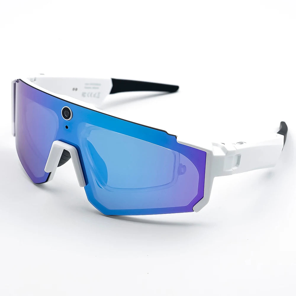 White and ice blue SOLIS camera glasses viewed from the opposite front angle.