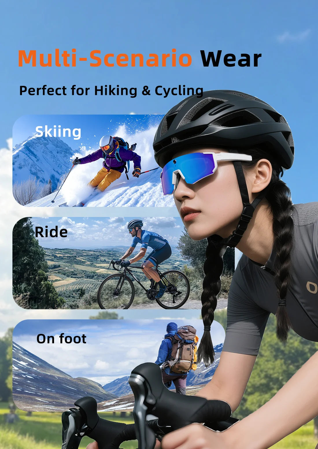 White and blue SOLIS sports glasses shown with cycling, skiing and hiking scenes.