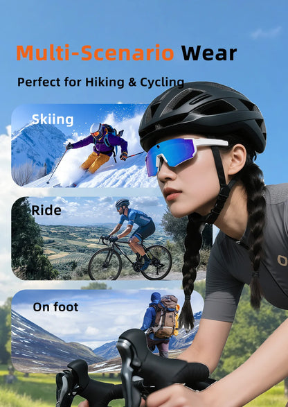 White and blue SOLIS sports glasses shown with cycling, skiing and hiking scenes.