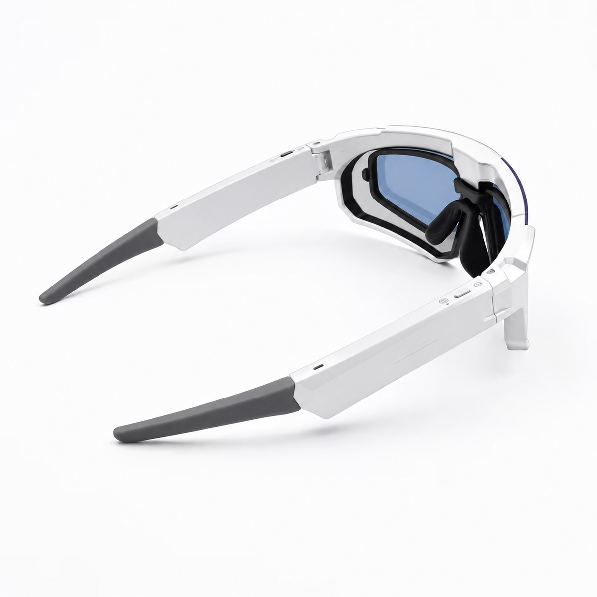 Rear view of white SOLIS smart glasses showing the inner prescription lens insert and temples.