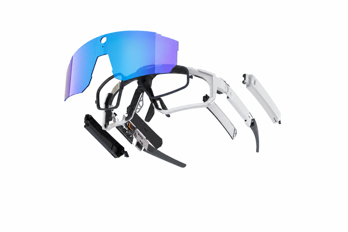 Exploded illustration of SOLIS smart glasses showing the ice blue lens, white frame and inner lens insert.