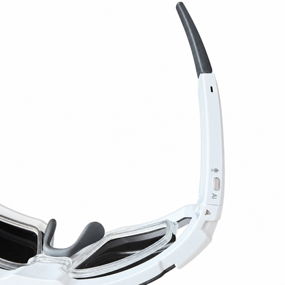 SOLIS white smart glasses close-up showing the AI button, microphone marking and inner lens insert.