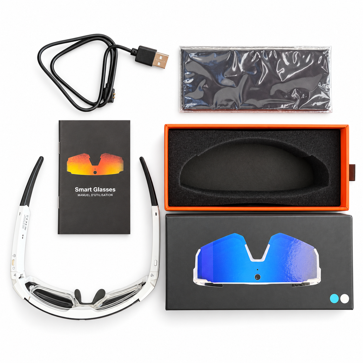 SOLIS glasses with prescription insert, magnetic USB charging cable, printed user guide and presentation box.