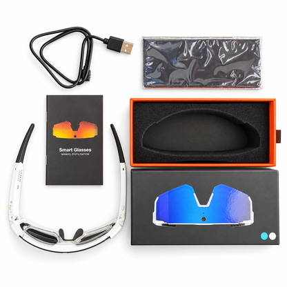 SOLIS glasses with prescription insert, magnetic USB charging cable, printed user guide and presentation box.
