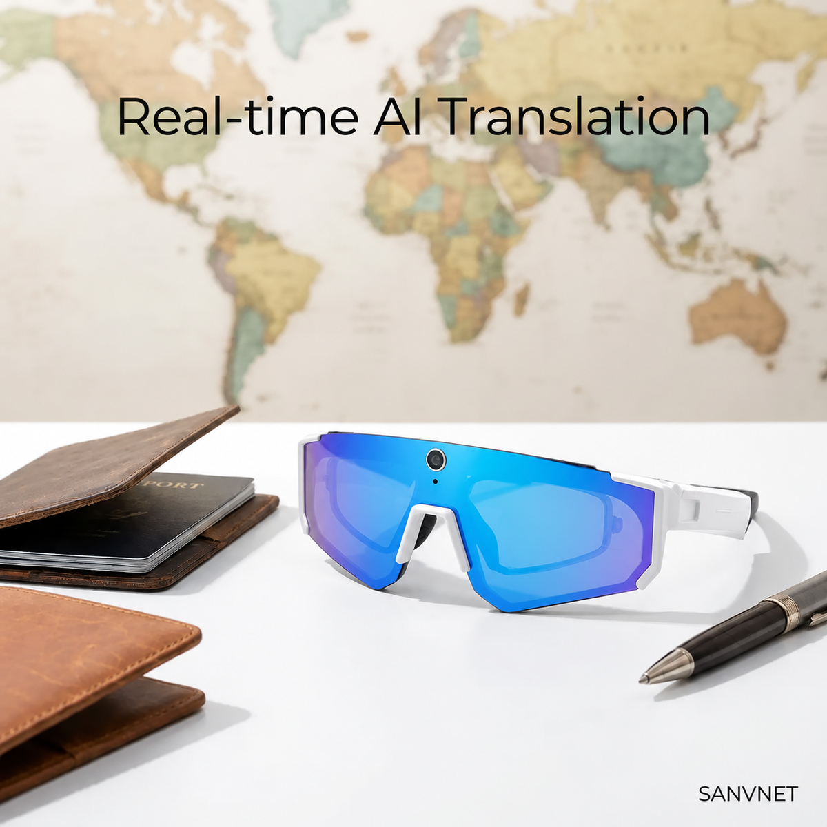 White and ice blue SOLIS smart glasses in an AI translation feature graphic beside travel items.