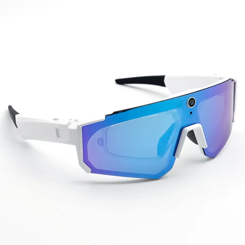 SOLIS smart sports glasses with white frame, ice blue lens and built-in front camera.