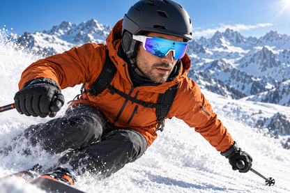 AI-generated skiing scene showing white-frame, ice-blue-lens SOLIS smart glasses on a skier in the mountains.