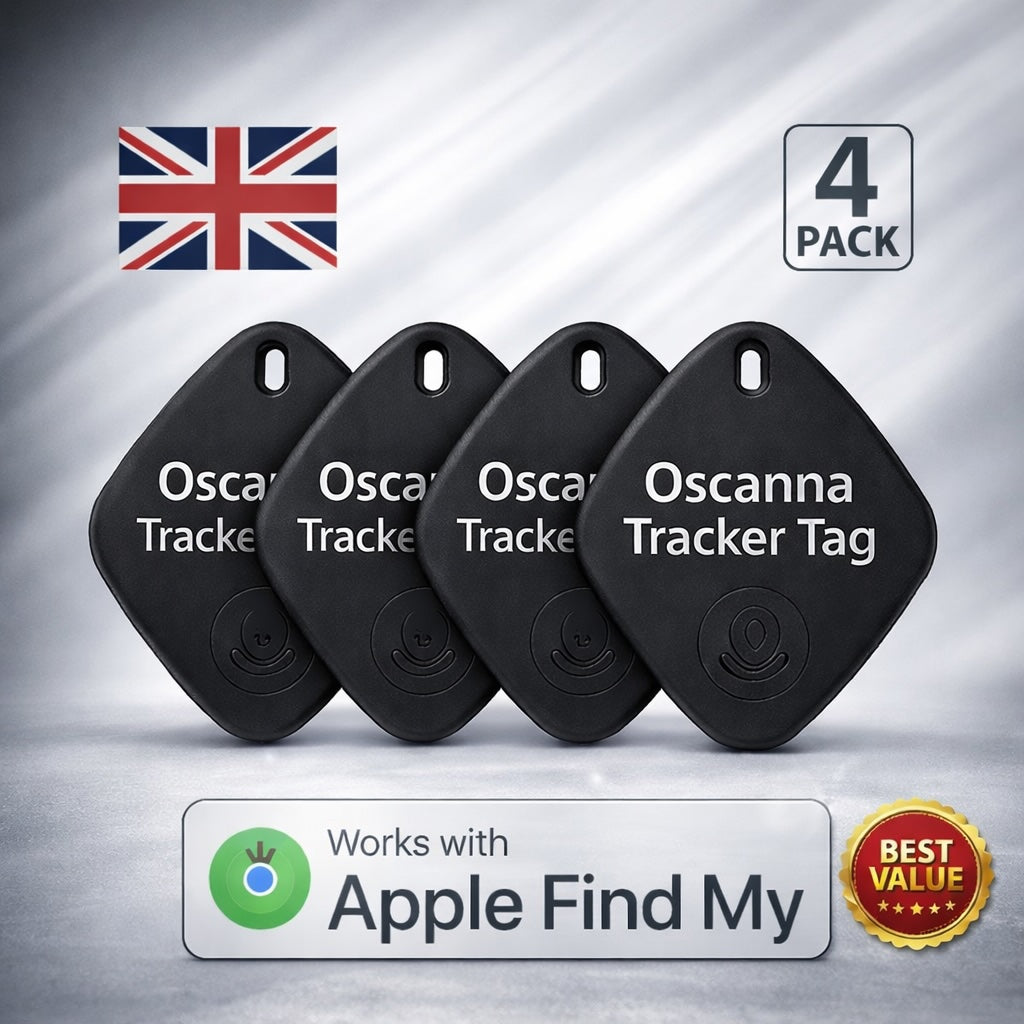 4 Pack Oscanna Bluetooth Tracker – Apple Find My Network, IP67 Waterproof, Real-Time Location, Pet & Item Finder