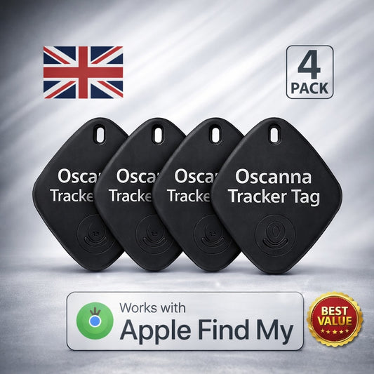 4 Pack Oscanna Bluetooth Tracker – Apple Find My Network, IP67 Waterproof, Real-Time Location, Pet & Item Finder
