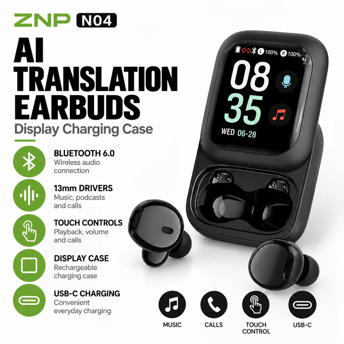 ZNP N04 AI Translation Earbuds with display charging case, Bluetooth 6.0 and USB-C charging