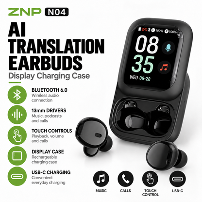 ZNP N04 AI Translation Earbuds with display charging case, Bluetooth 6.0 and USB-C charging