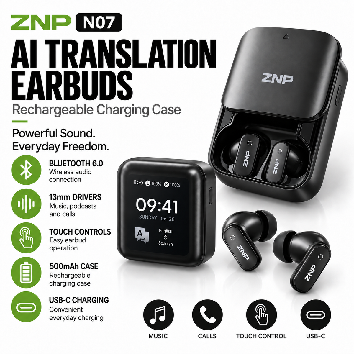 ZNP N07 AI Translation Earbuds with charging case, Bluetooth 6.0 and USB-C charging