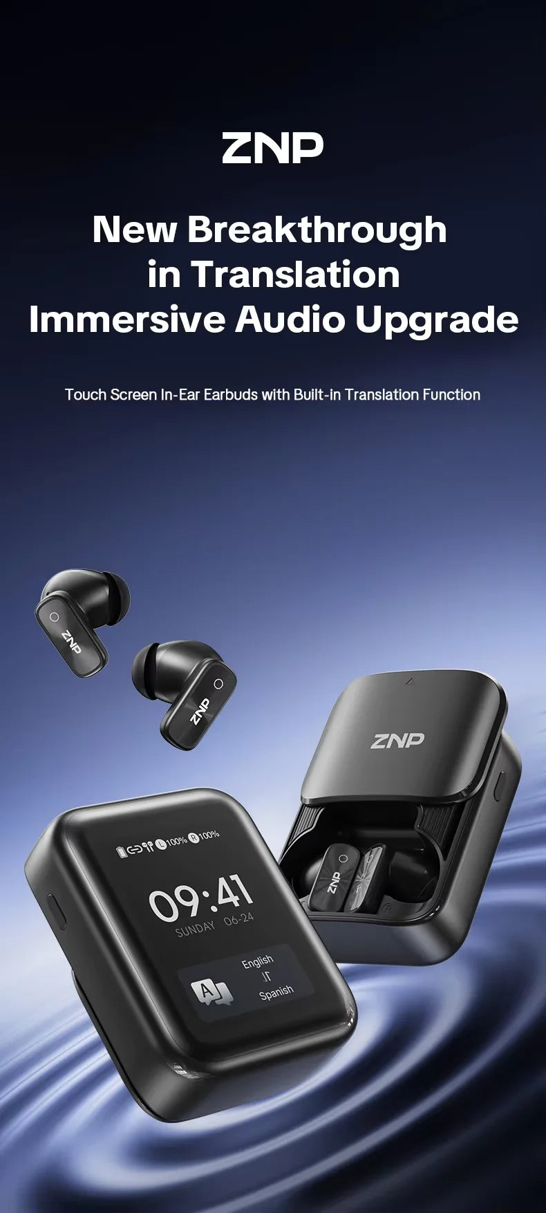 ZNP N07 black earbuds with charging case shown from the front and open